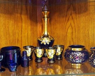 10" Painted Glass Decanter, 4 Matching Sherry Glasses, Creamer/Sugar, Cobalt Blue Glass Jars And More