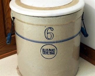Blue Band Stoneware, 6 Gallon Crock With Handles And Lid