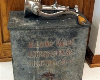 Antique Allvine Dairy Insulated Milk Box, And Universal #323 Counter Top Meat Grinder