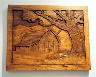 Hand Carved, Barn and Tree Wall Art, Signed By Artist, 15" X 19", 20" Wall Shelf, And Collectible Glass Baskets