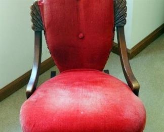 Antique Upholstered Rocking Chair With Carved Accents, 32.5" X 18" X 30"