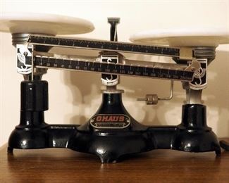 Vintage Fisher Scientific OHAUS Balance Scale 2 Kilo Capacity With Porcelain Trays, And Vintage Cast Iron Toy Cannon