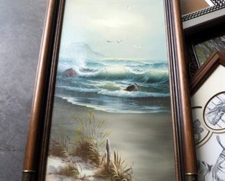 Framed Jim Garcia Ocean Waves Oil On Canvas, Jesus Sketch, John Wayne Sketch, 3-D Paper Print, And Antique Convex Glass Frame, Qty 6 Pieces