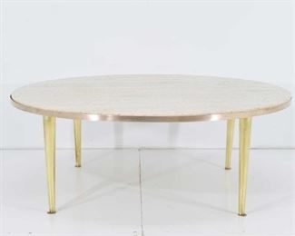 Italian travertine cocktail table with brass base, $1500