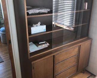 MID-CENTURY PECAN CHINA CABINET BUFFET WITH SLIDING GLASS DOORS, 3 DRAWERS AND 2 DOORS NOW 35% OFF TODAY.  