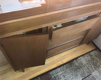CLOSE UP VIEW MID-CENTURY PECAN CHINA CABINET BUFFET WITH SLIDING GLASS DOORS, 3 DRAWERS AND 2 DOORS NOW 35% OFF TODAY.  