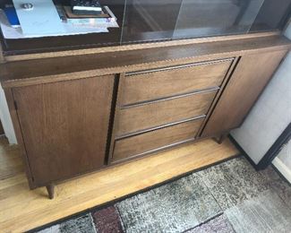 CLOSE UP VIEW MID-CENTURY PECAN CHINA CABINET BUFFET WITH SLIDING GLASS DOORS, 3 DRAWERS AND 2 DOORS NOW 35% OFF TODAY.  