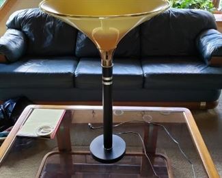 Huge glass mid century coffee table with black metal Lamp