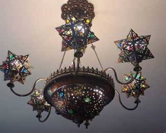 Custom made Moroccan style chandelier made in Egypt. Pierced copper with 6 lights.