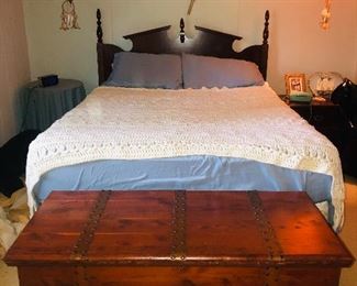 Cedar chest , king bed with vintage hanging lights
Sold