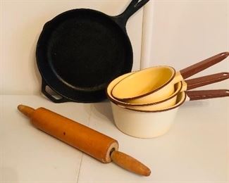 Lodge cast iron , enamel pots and rolling pin
