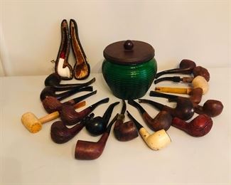 Vintage pipes and green glass humidor
Sold
