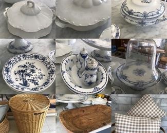 French and English pottery, Pierre deux check pillows, dough bowl