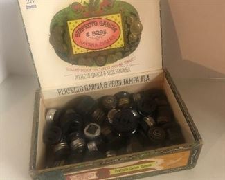 Lot 93B, cigar box full of outlets to screw into bulb socket, $12