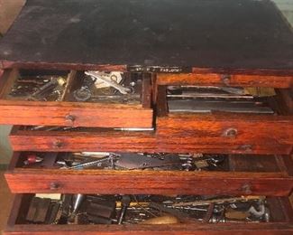 Lot 106B, Wooden Tool Box with drawers filled, Top has a thin layer of metal applied $160