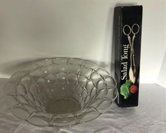 Lot 138B, Glass bowl and new salad tongs, $8/pair