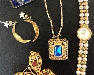 Sterling silver and costume jewelry including Art Nouveau pin and Avon collectibles