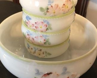 Vintage hand-painted opaline glass salad set