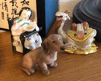 LOTS of figurines and tchotchkes including Occupied Japan, jeweled camel pill box and Danil Jensen Copenhagen dachshund