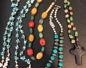 LOTS of gorgeous necklaces including turquoise/pearl lariats, beaded gemstone and cross pendants