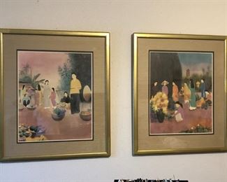 Pair of large Asian market scene framed prints