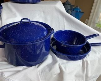 Set of 3 pots - great for camping, or to have in your house to make it look like you're the type of person who camps but who, like me, is more the indoorsy type.  Large #15, Sauce $10 Skillet $8 or $30 for all.
