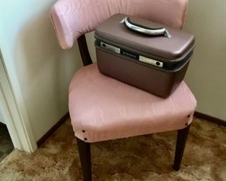 Antique dressing chair $25; Vintage Train case $14