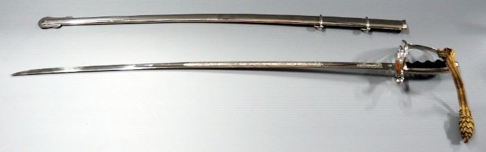 Cutlass Style Ceremonial Sword With US Patriotic Engraving, 34" Blade, In Scabbard