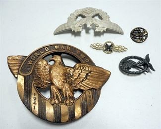 World War II Collectibles Includes Bronze 7.5" W x 6" H, Nazi Medallion, Nazi Stamps, C.B.I. Theater Pillowcase, And More