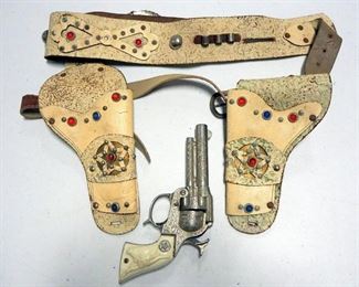 Children's Toy Assortment Includes Toy Pistol, Spurs, Holsters, Battery Operated Tank (Unknown Working Condition), And More