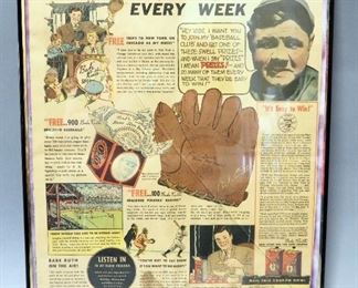Babe Ruth Quaker Oats Advertising Display, C. 1934, Framed Under Glass 16" Wide x 20" High, Crack In Glass