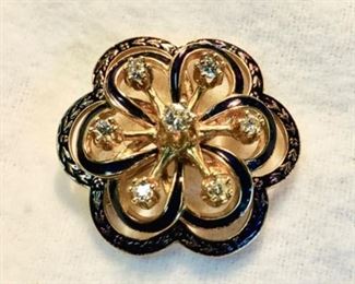 "GEORGE CARTER JESSOP" 14k, 7 Diamonds, Gold & Blue Enamel Vintage Brooch 