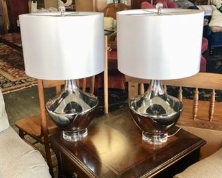 Pair of Silver-Toned Lamps with Acrylic Base and Finials 