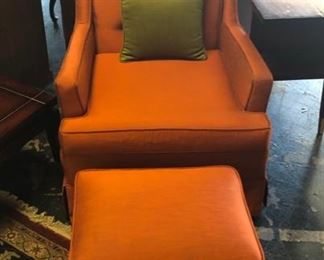 Mid Century Modern Orange Silk Chair with Matching Ottoman 
