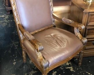 Leather Side Chair with Carved Wooden Accents