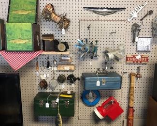 Vintage Fishing Lures & Reels, Tackle Boxes, Flashlights, Vintage Checkers and a Vintage Rubber Mouth/Nose Mask made in Chattanooga, TN!