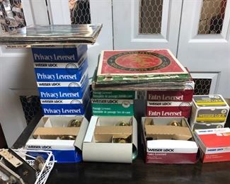 Many Door Knobs, new in box, and vintage records