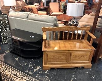 Smoked Black Glass, 3-Tier TV Stand and Solid Oak Blanket Chest/Bench with locking key