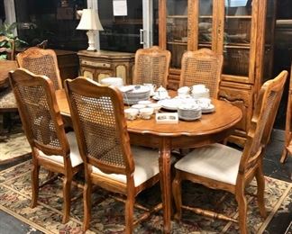 KELLER FURN. CO., Corydon, Indiana," Solid Wooden Dining Room Set, Oval Table, 6 Chairs, and China Cabinet                                                                                                                                                                                                                                                                                                        