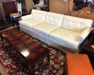 Mid Century Modern, 3-Cushion White Sofa with Tufted Back and MCM "LANE FURN. CO., AltaVista" Brass Inserts Mahogany Coffee, End, and Cocktail Tables
