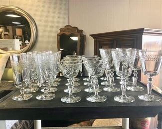c.1950's, "LIBBEY/ROCK SHARPE," 24-Piece Set of Etched Crystal Stemware, with the Star of David etched on the bottom of each glass. There are 3 different sizes, with 8 glasses in each size.