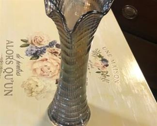 Vintage, 13", Imperial Carnival Glass Vase, Scalloped, Ripple, Smoke 