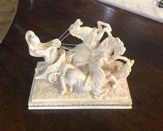 Signed "A. Santini" Roman Chariot Gladiator Statue, 4 Horses with String Rope Reins, Base is 6-1/4" x 11",  7-1/2" tall