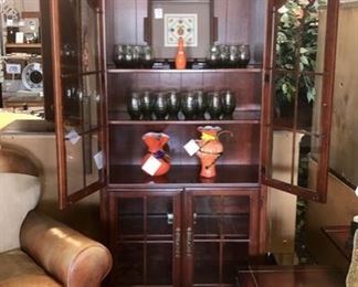 Antique Mahogany Small China Cabinet with 4 Glass Door Panels and 2 sets of MCM glassware