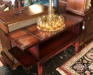 MCM "LANE FURN. CO. Alta Vista" Cocktail Tableand an Amber Colored MCM Decanter and 12 Glasses