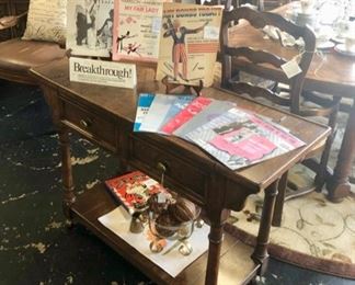 c.1920's-1950's Sheet Music and Vintage Programs, a Fringed Tufted Chair and a Rolling Server that opens up with black slate interior, it has 2 drawers and a bottom shelf