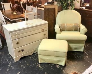 2-Piece Light Green Upholstered Sliding Rocker and Footstool and a 3-Drawer White Chest 