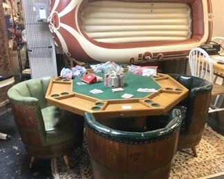 Vintage Leather Barrel Chairs with Reversible Solid Wooden Poker Table, and several Sets of Poker Chips