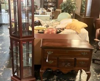 Vintage Corner Lighted Curio Cabinet and an AMERICAN DREW 4-Drawer Cabinet