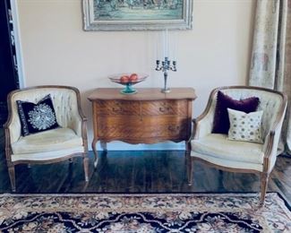 Pr. French style chairs, antique chest, rug, painting.